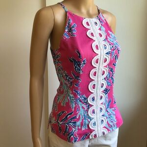 New WOT Lilly Pulitzer Annabelle capri Samba pink coral cotton tank top lace
